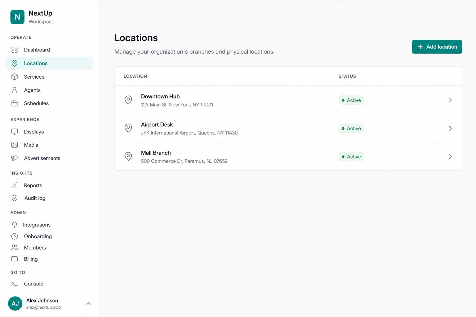 NextUp organization workspace listing branch locations