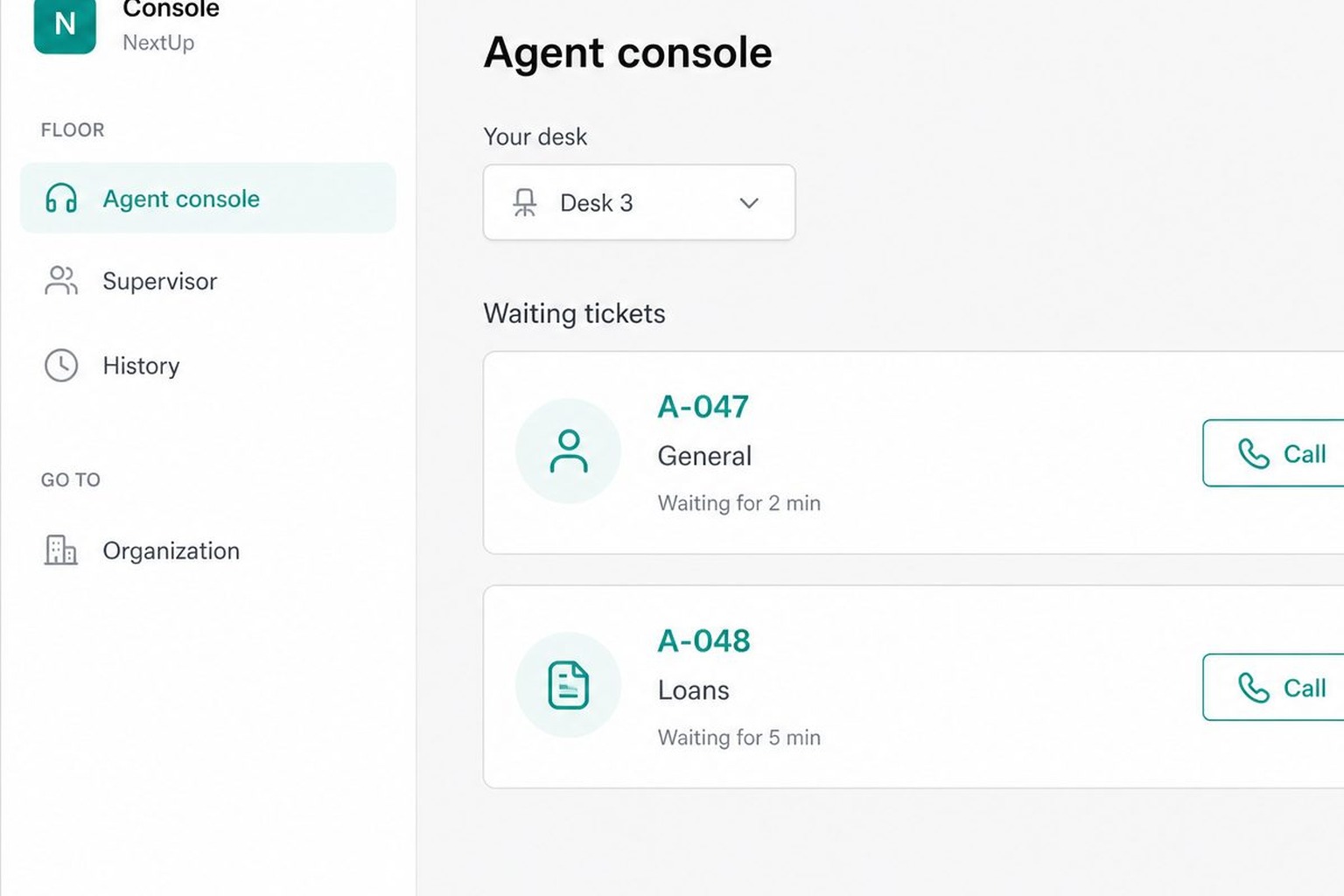 NextUp agent console with waiting tickets and call actions