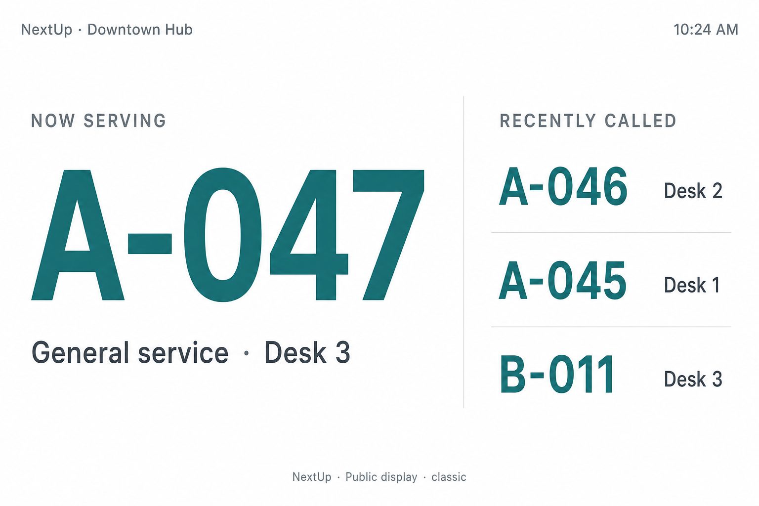 NextUp public display showing now serving ticket A-047 and recently called tickets